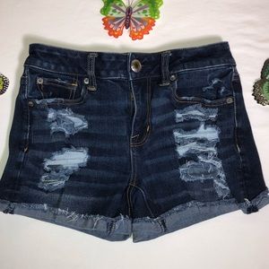 American Eagle Hi-Rise Shortie, Sz 0, distressed, 360 super stretch, pre-owned
